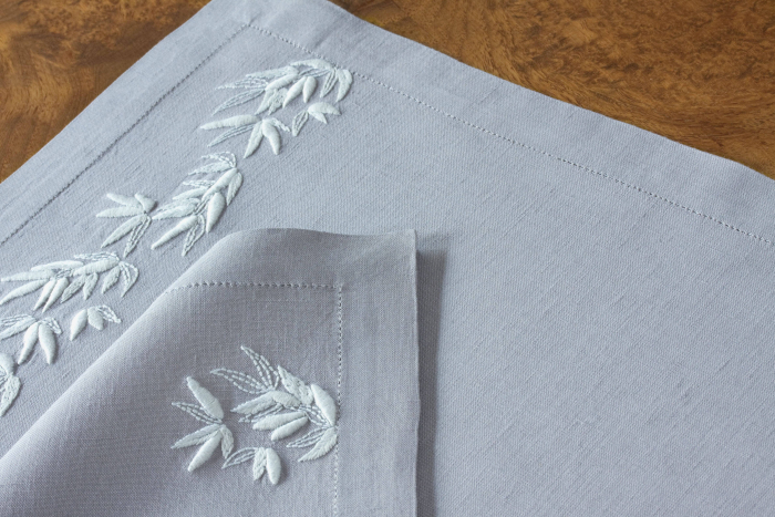 Placemat and napkin -Soft grey fabric - Soft grey embroidery